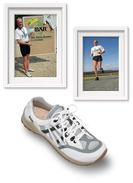 Zwei Bilder mit einem Läufer und BÄR Trans-Europa Laufschuh, ideal für Langstreckenlauf