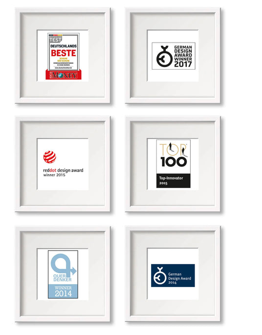 Sechs gerahmte Auszeichnungen: Deutschlands Beste, German Design Award 2017, reddot design award 2015, Top 100 Innovator 2015, Querdenker Winner 2014, German Design Award 2014