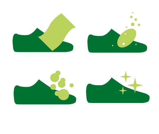 Vier grüne Schuh-Symbole zeigen Schritte der Schuhreinigung: Schmutzentfernung, Waschmittel, Spülen und Glanz.