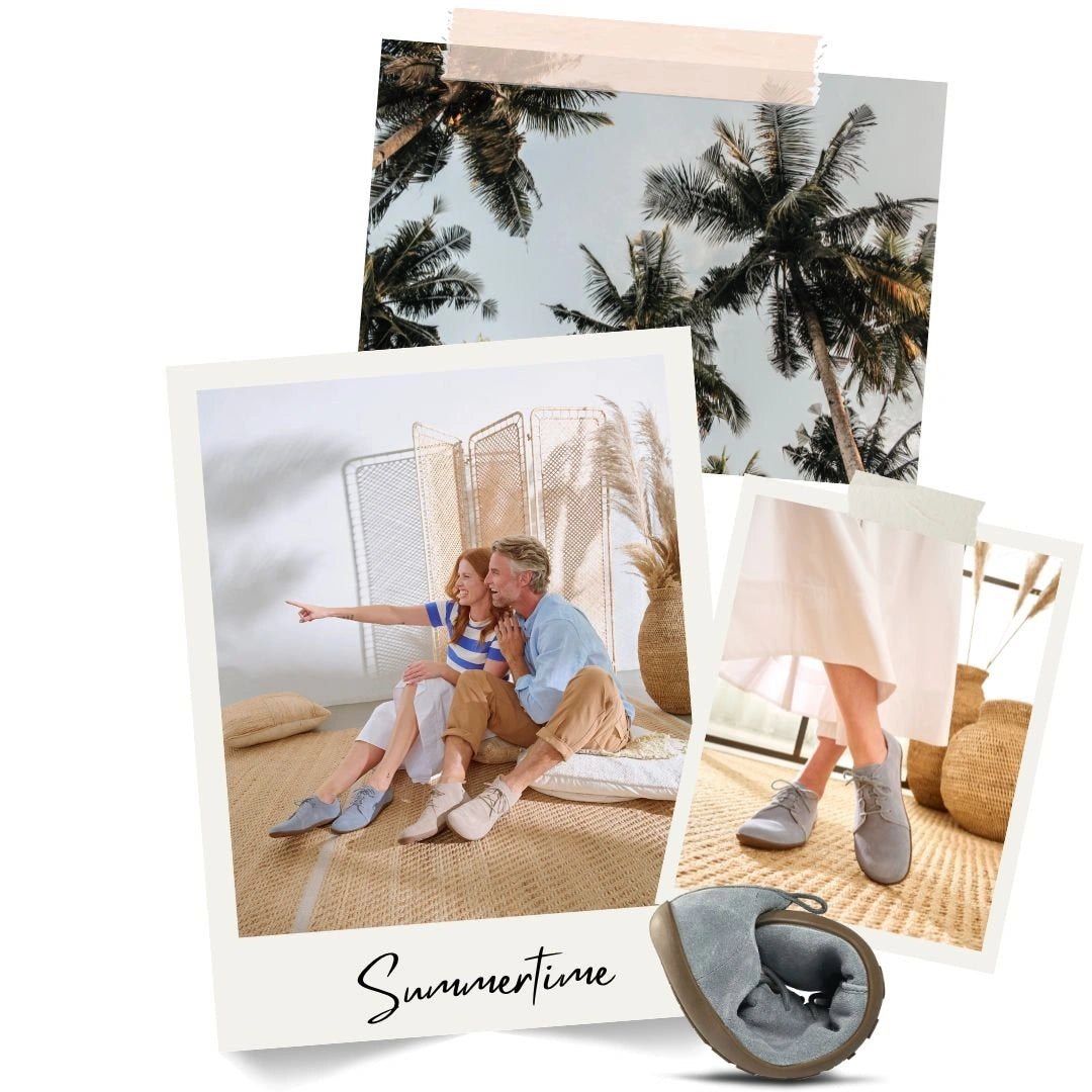 „Sommerliche Reisecollage mit einem Paar beim Urlaub und einer Frau in leichten Schuhen – passend zu leichten Herrenschuhen für Reisen und bequemes Gehen.“